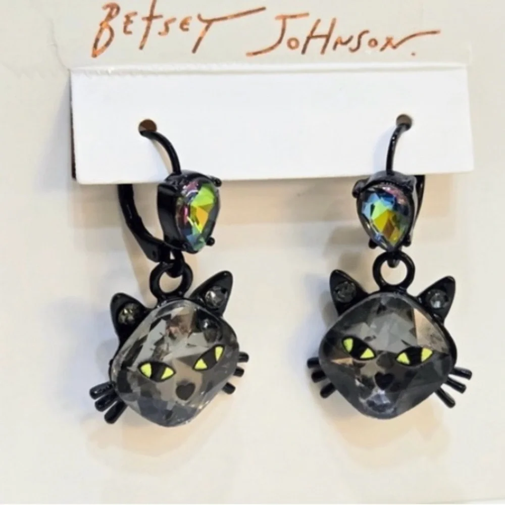 BETSEY JOHNSON Halloween Angular Cut Sparkling Black Cat Drop Earrings NEW NWT